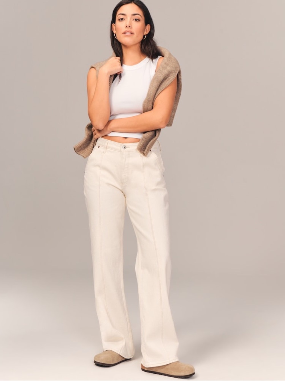 Abercrombie & Fitch Wide-Leg mid-Rise baggy jeans, Cream Pants